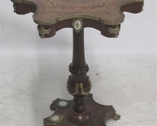 6036 - French Louis XVI style inlaid scallop table with brass ormolu some inset cameos missing, normal wear 27 x 21
