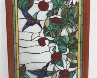6058 - Stained glass window with hummingbirds 22 x 37 - cracks in glass
