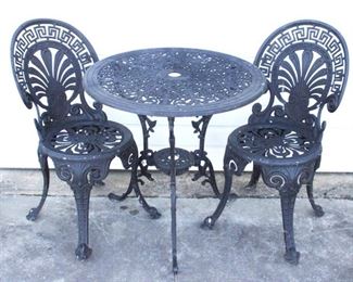 6169 - 3 Piece metal Victorian style bistro set table 27 x 27 chairs 33 x 15 x 15
