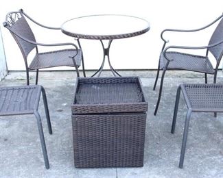 6179 - Group of patio furniture table 28.5 x 28.5 chairs 31.5 x 20 x 18 ottomans 16.5 x 15 x 15 end table 19 x 17.5 x 17.5
