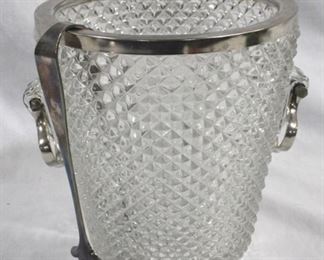6299 - Glass ice bucket with metal rim & tongs 7.25 x 7
