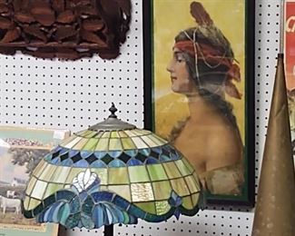 Lamp. chromolithograph Indian maiden and  hand carved magazine rack 