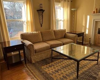 The Owners Select Company Sofa (pr) with large square iron & glass coffee table & matching 1 drawer end tables