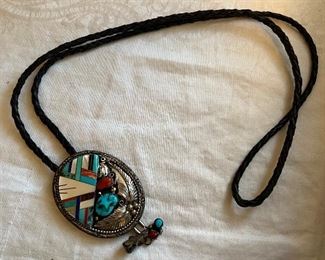 BJ signed turquoise, sterling silver & precious stone Bolo Tie