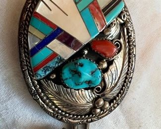 BJ signed turquoise, sterling silver & precious stone Bolo Tie