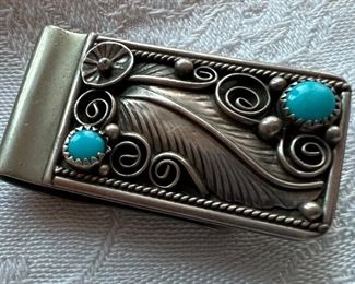 Sterling Silver & Turquoise money clip signed W Spencer