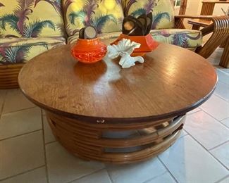 Mid-century round rattan and wood cocktail table