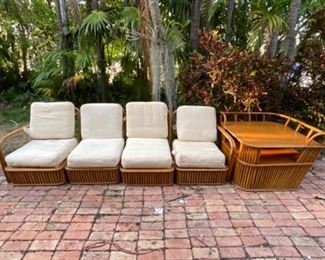 Mid-century pretzel rattan sectional sofa and corner table, original spring cushions