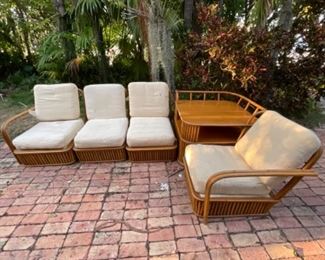 Mid-century pretzel rattan sectional sofa and corner table, original spring cushions (same as previous photo, arranged differently)