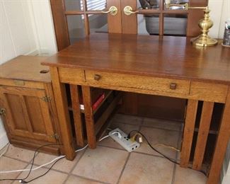 1910 era oak library table and one of the two oak ice box style end tables (new and very nice)