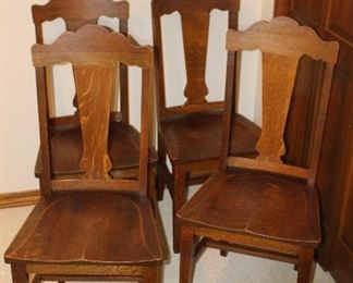 Set of six solid oak dining chairs, unsigned - Turn of the Century