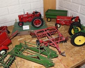 Many vintage toy tractors - IH, John Deere.  