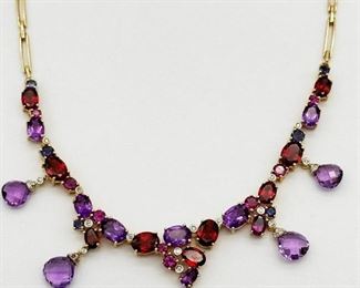 Garnet, Sapphires, Diamond 14k Gold Necklace