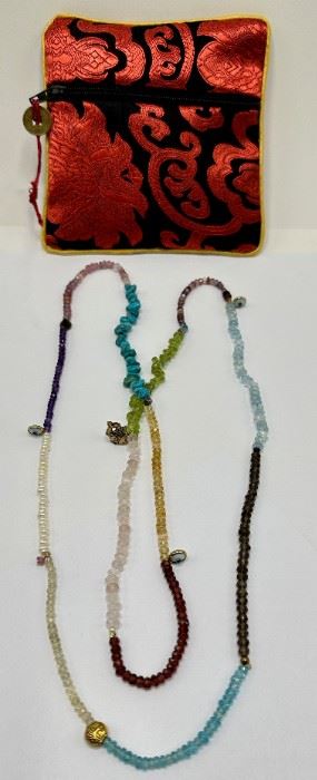 New Turquoise, Rose Quartz, Blue Topaz, Seed Pearls & Citrine Necklace With Buddhist Charms, 18.5 Inch
Lot #: 25