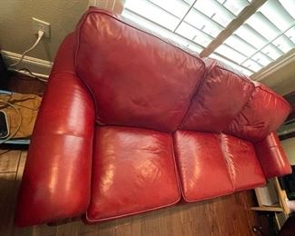 _____$1,295 
Brooks Bradington Young red leather sofa 
74Lx 37D extra set of pillows
included for firm or softer seating&nbsp;
