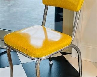 2_____$500 
MCM Retro Atomic chrome yellow kitchen table w/4 chairs + 1
58Lx36Wx30