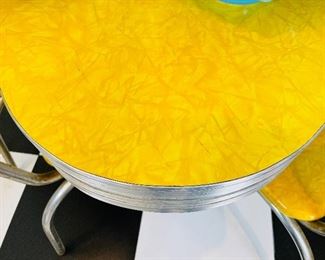 2_____$500 
MCM Retro Atomic chrome yellow kitchen table w/4 chairs + 1
58Lx36Wx30