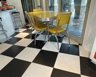 2_____$500 
MCM Retro Atomic chrome yellow kitchen table w/4 chairs + 1
58Lx36Wx30