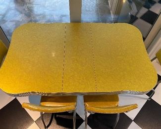 2_____$500 
MCM Retro Atomic chrome yellow kitchen table w/4 chairs + 1
58Lx36Wx30