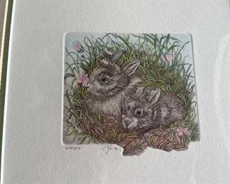 NOW 50% off $50 - Antique Rabbit print signed 210/350 16 1/2x16 1/2%