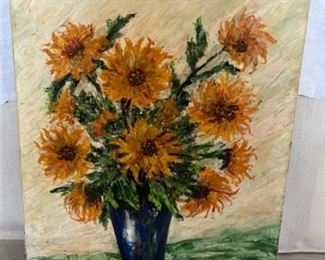 MS#3 - NOW $75 was $150 Sunflowers in blue vase 20x24 Marie Kathleen Sears (1906-1986) Pensacola born Artist, lived in Houston TX. 