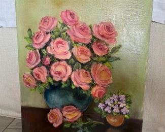 MS#5 - NOW $45 WAS $90 pink roses16x20 unsigned Marie Kathleen Sears (1906-1986) Pensacola born Artist, lived in Houston TX. 