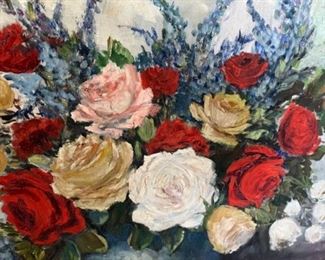 MS#6 - $120 spray of roses with lavender 20x16 unsigned Marie Kathleen Sears (1906-1986) Pensacola born Artist, lived in Houston TX. 