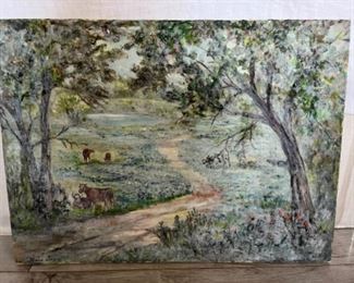MS#7 - NOW $125 was $250  Texas landscape blue bonnets & Cows 30x22 signed Marie Kathleen Sears (1906-1986) Pensacola born Artist, lived in Houston TX. 