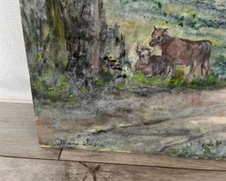 MS#7 - Now $125 was $250  Texas landscape blue bonnets & Cows 30x22 signed Marie Kathleen Sears (1906-1986) Pensacola born Artist, lived in Houston TX. 