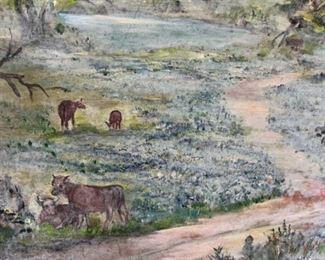 MS#7 - Now $125 was $250  Texas landscape blue bonnets & Cows 30x22 signed Marie Kathleen Sears (1906-1986) Pensacola born Artist, lived in Houston TX. 