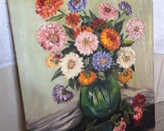 MS#8 -  Now $60  was$175 Floral composition in green vase  24x30 signed Marie Kathleen Sears (1906-1986) Pensacola born Artist, lived in Houston TX. 
