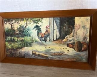 MS#11 - $450 MCM oil painting on canvas of chicken rooster 42 1/2"x 24   signed Hanedouche (French artist from Toulon) 1st name Helen. No dates found. 