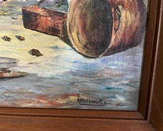 MS#11 - $450 MCM oil painting on canvas of chicken rooster 42 1/2"x 24   signed Hanedouche (French artist from Toulon) 1st name Helen. No dates found. 