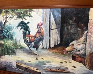 MS#11 - $450 MCM oil painting on canvas of chicken rooster 42 1/2"x 24   signed Hanedouche (French artist from Toulon) 1st name Helen. No dates found. 