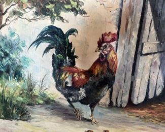 MS#11 - $450 MCM oil painting on canvas of chicken rooster 42 1/2"x 24   signed Hanedouche (French artist from Toulon) 1st name Helen. No dates found. 