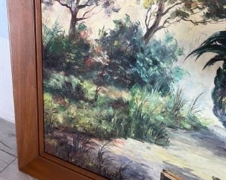 MS#11 - $450 MCM oil painting on canvas of chicken rooster 42 1/2"x 24   signed Hanedouche (French artist from Toulon) 1st name Helen. No dates found. 