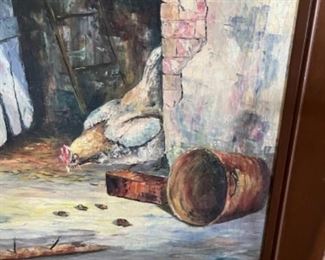 MS#11 - $450 MCM oil painting on canvas of chicken rooster 42 1/2"x 24   signed Hanedouche (French artist from Toulon) 1st name Helen. No dates found. 