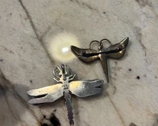 $50 - Lot of 2 sterling dragonfly and turquoise brooches 