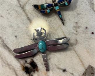 $50 - Lot of 2 sterling dragonfly and turquoise brooches 