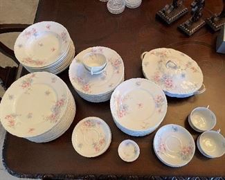 $275 Theodore Haviland Limoges France dining set. 12 dinner plate, 10 dessert or salad plates, 6 scallop saucers, 5 smooth saucers, 2 cups, 9 large soup bowls, 2 tea cups, 1 server, 1 large platter, 1 small platter, 7 salt, 1 butter, 1 creamer.