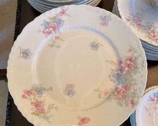 $275 Theodore Haviland Limoges France dining set. 12 dinner plate, 10 dessert or salad plates, 6 scallop saucers, 5 smooth saucers, 2 cups, 9 large soup bowls, 2 tea cups, 1 server, 1 large platter, 1 small platter, 7 salt, 1 butter, 1 creamer.