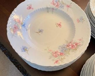 $275 Theodore Haviland Limoges France dining set. 12 dinner plate, 10 dessert or salad plates, 6 scallop saucers, 5 smooth saucers, 2 cups, 9 large soup bowls, 2 tea cups, 1 server, 1 large platter, 1 small platter, 7 salt, 1 butter, 1 creamer.