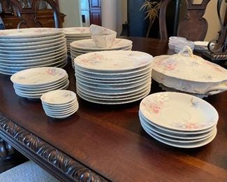 $275 Theodore Haviland Limoges France dining set. 12 dinner plate, 10 dessert or salad plates, 6 scallop saucers, 5 smooth saucers, 2 cups, 9 large soup bowls, 2 tea cups, 1 server, 1 large platter, 1 small platter, 7 salt, 1 butter, 1 creamer.