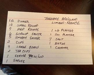 $275 Theodore Haviland Limoges France dining set. 12 dinner plate, 10 dessert or salad plates, 6 scallop saucers, 5 smooth saucers, 2 cups, 9 large soup bowls, 2 tea cups, 1 server, 1 large platter, 1 small platter, 7 salt, 1 butter, 1 creamer.