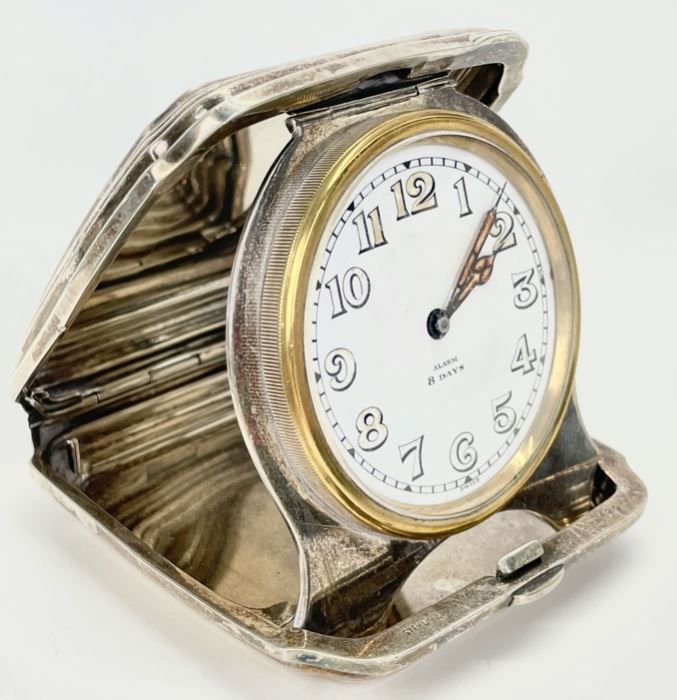 3.25" High Fine Antique Sterling Silver 8 Day Travel Desk Alarm Clock 330 Grams Weighted Engraved 