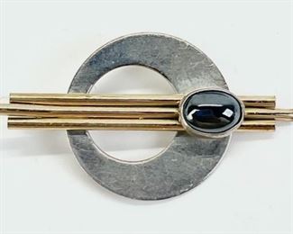 4 Grams Fine Sterling Silver Gold Filled & Hematite Stone Modernist Pin Brooch