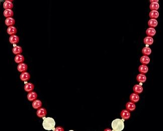 Fine 14K Gold Red Coral Bead Crystal Wire 17" Necklace