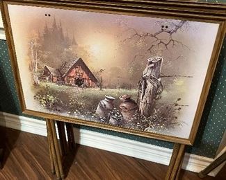 RARE SET OF FOUR MID CENTURY MODERN RUSTIC BARN FARM ANDRES  ORPINAS METAL TV TRAYS 