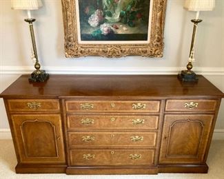 Vintage Henredon Carlton finish buffet, Wildwood brass stick lamps, and elegantly framed signed J. Petrella bouquet painting