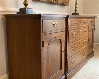 Vintage Henredon Carlton finish buffet, Wildwood brass stick lamps, and elegantly framed signed J. Petrella bouquet painting